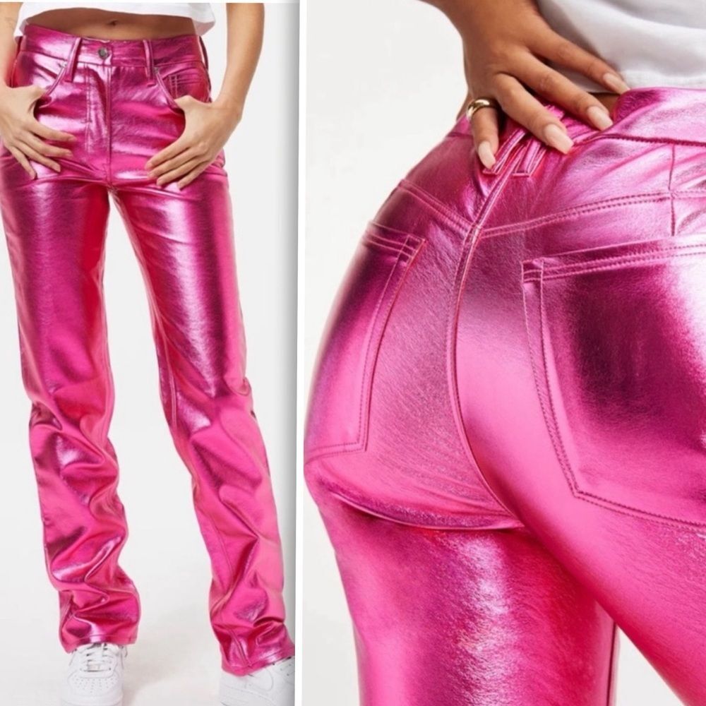 GOOD AMERICAN GOOD ICON High Rise Straight Jeans in Powder Pink Metallic Sz 6/28